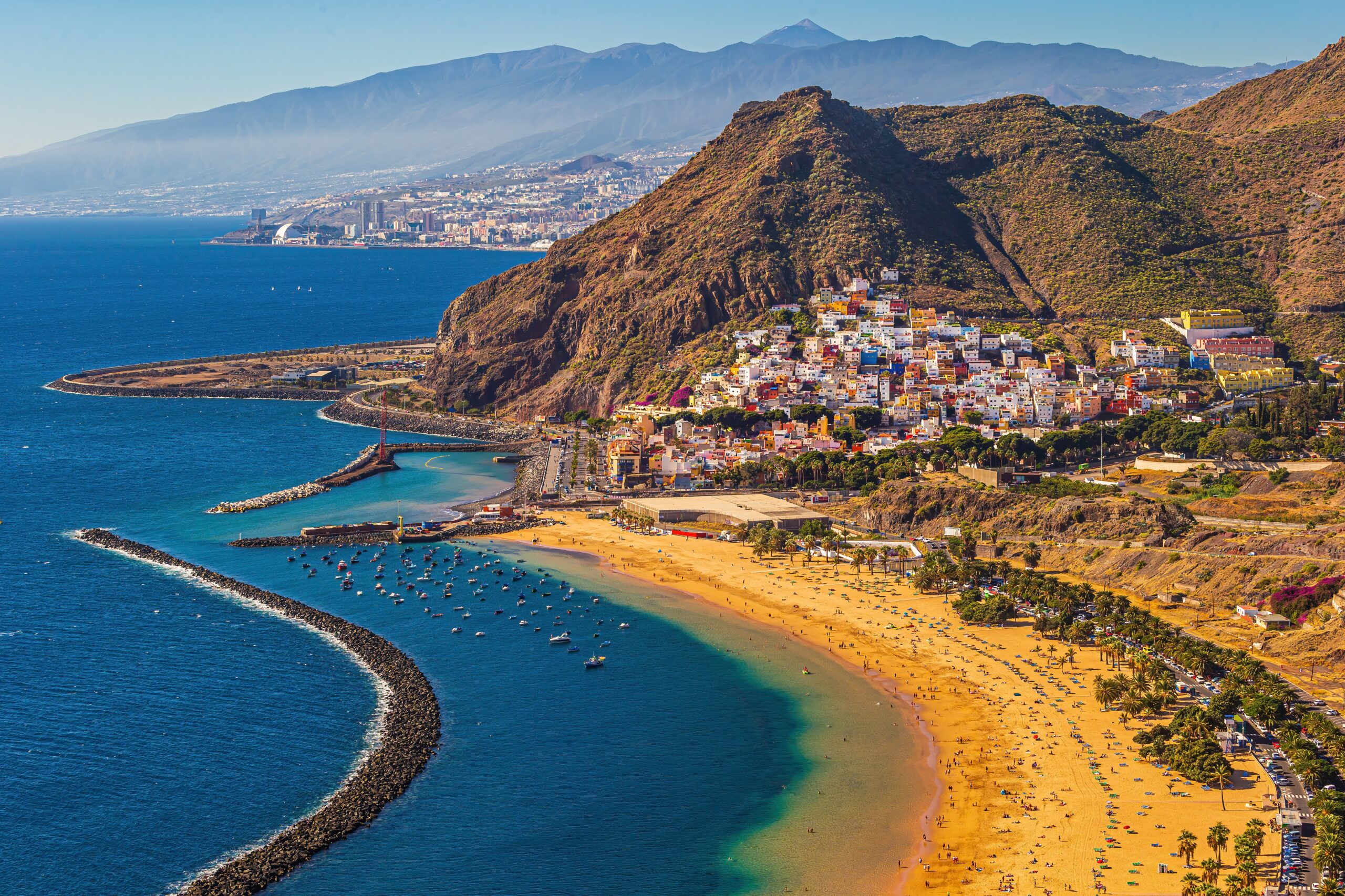 An aerial shot of the beautiful Las Teresitas beach located in San AndrÃ©s, Spain